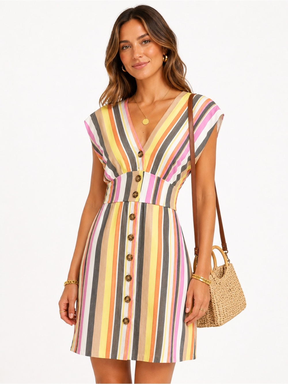 LOFT Viscose Striped Button Front Mini Dress Size 2 Like New Vacation Boho